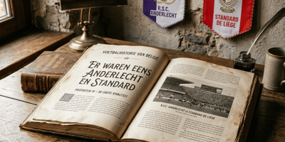 Open Belgian football history book titled “Er waren eens Anderlecht en Standard” beside Anderlecht and Standard de Liège banners