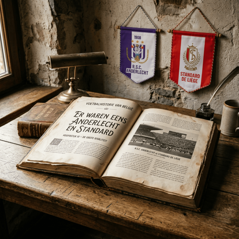 Open Belgian football history book titled “Er waren eens Anderlecht en Standard” beside Anderlecht and Standard de Liège banners